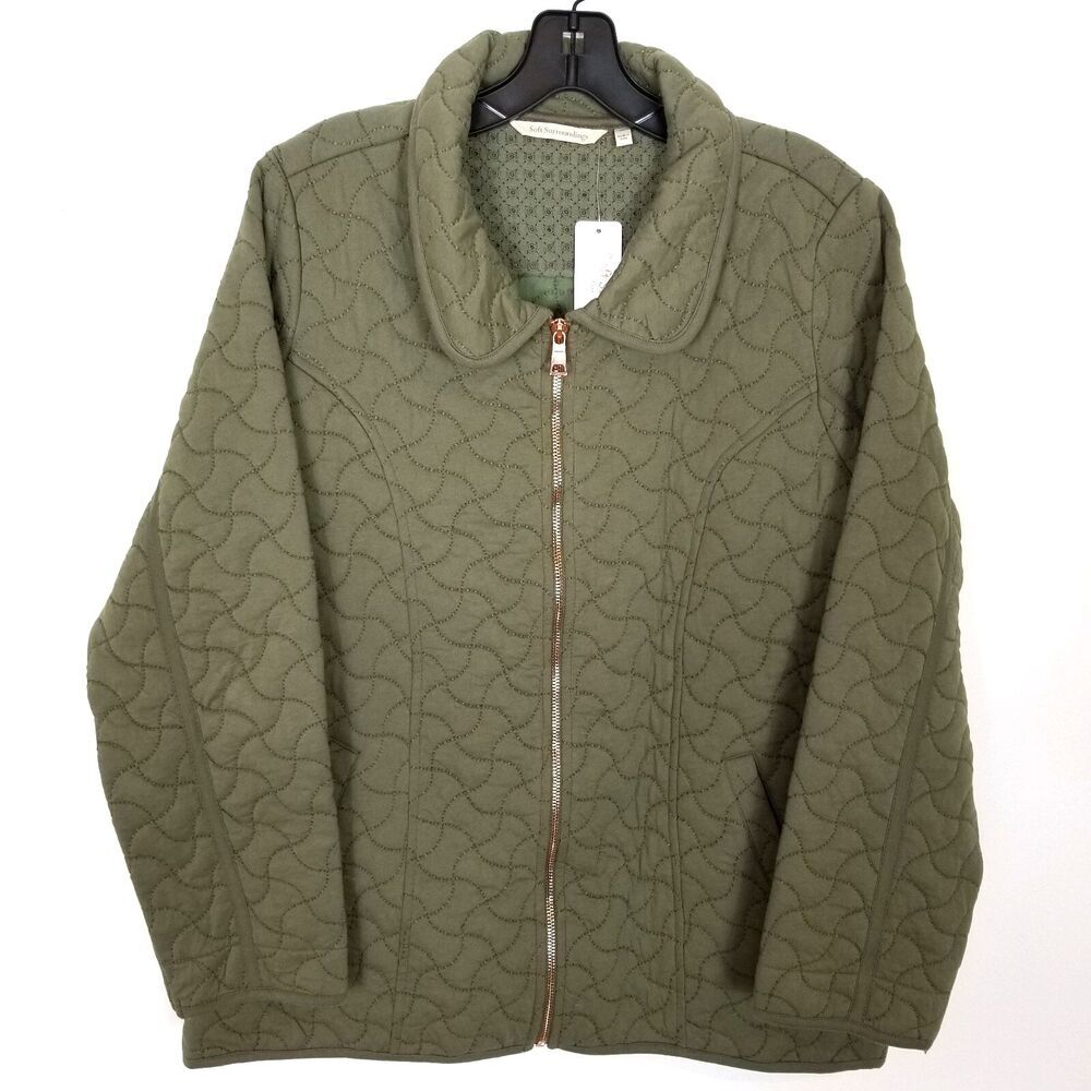 Soft Surroundings Women Greenspace Quilted Zip Up Jacket Sz M Olive Green Cotton